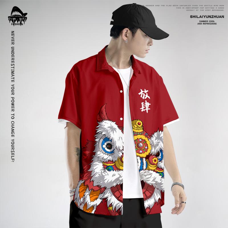 チャイナ シャツ メンズ 中華風 夏 カジュアル トップス 半袖 5分袖 ファッション スタンドカラー レッド ブラック