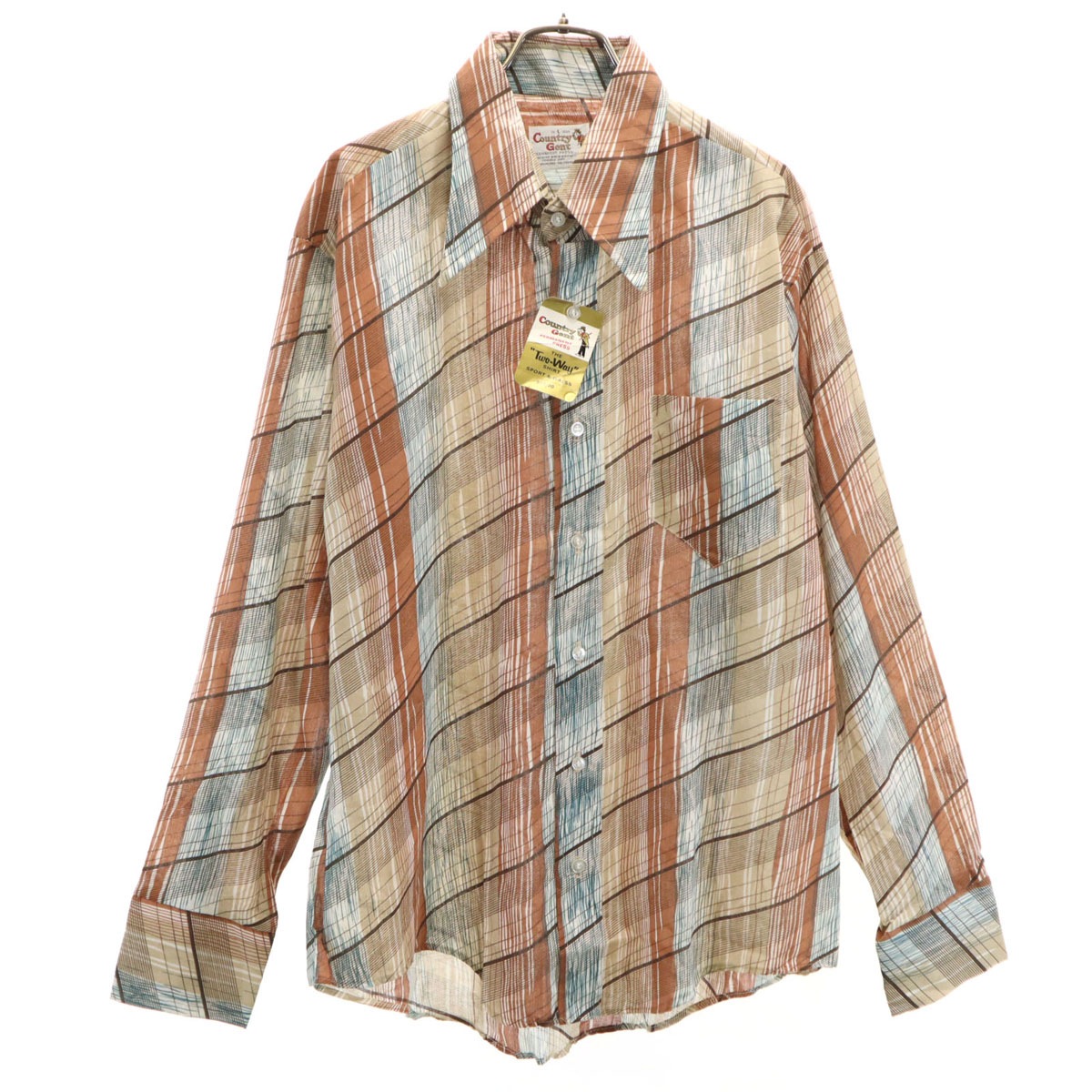 Country Gent 70s ヴィンテージ デッドストック 総柄 長袖 シャツ L ブラウン メンズ 古着