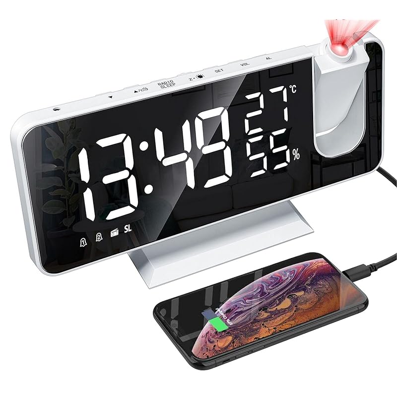 yiteng デジタル時計 多機能時計 目覚まし時計 LED時計 スヌーズ クロックラジオ 置き時計 壁/天井投影 鏡 温度/湿度/FMラジオ/ミラー/プロジェクター/アラーム 携帯充電 自動輝度調節