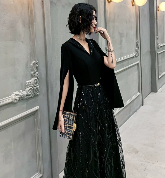 ドレス ロングドレス イブニングドレス ブラックドレス ワンピースドレス ワンピドレス ロング丈 マキシ丈 長袖 Vネック 襟付き Aライン フレア セミフレア チュール ベルト ウエストマーク