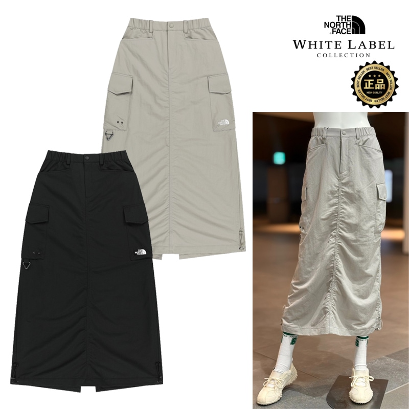 NK6NS32 WHITE LABEL WS SELMA SKIRT 韓国限定ライン レディース ロング丈 カーゴデザイン ウーブン ストレッチ 足首丈 コーデ提案 Tシャツ スニーカー 帽子