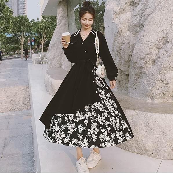 ワンピース レディース ロング丈 マキシ丈 秋 ブラック 黒 花柄 無地 プリント 長袖 Vネック 襟付き ボタン シングルブレスト ウエストリボン Aライン カジュアル レトロ 大人可愛い おしゃれ