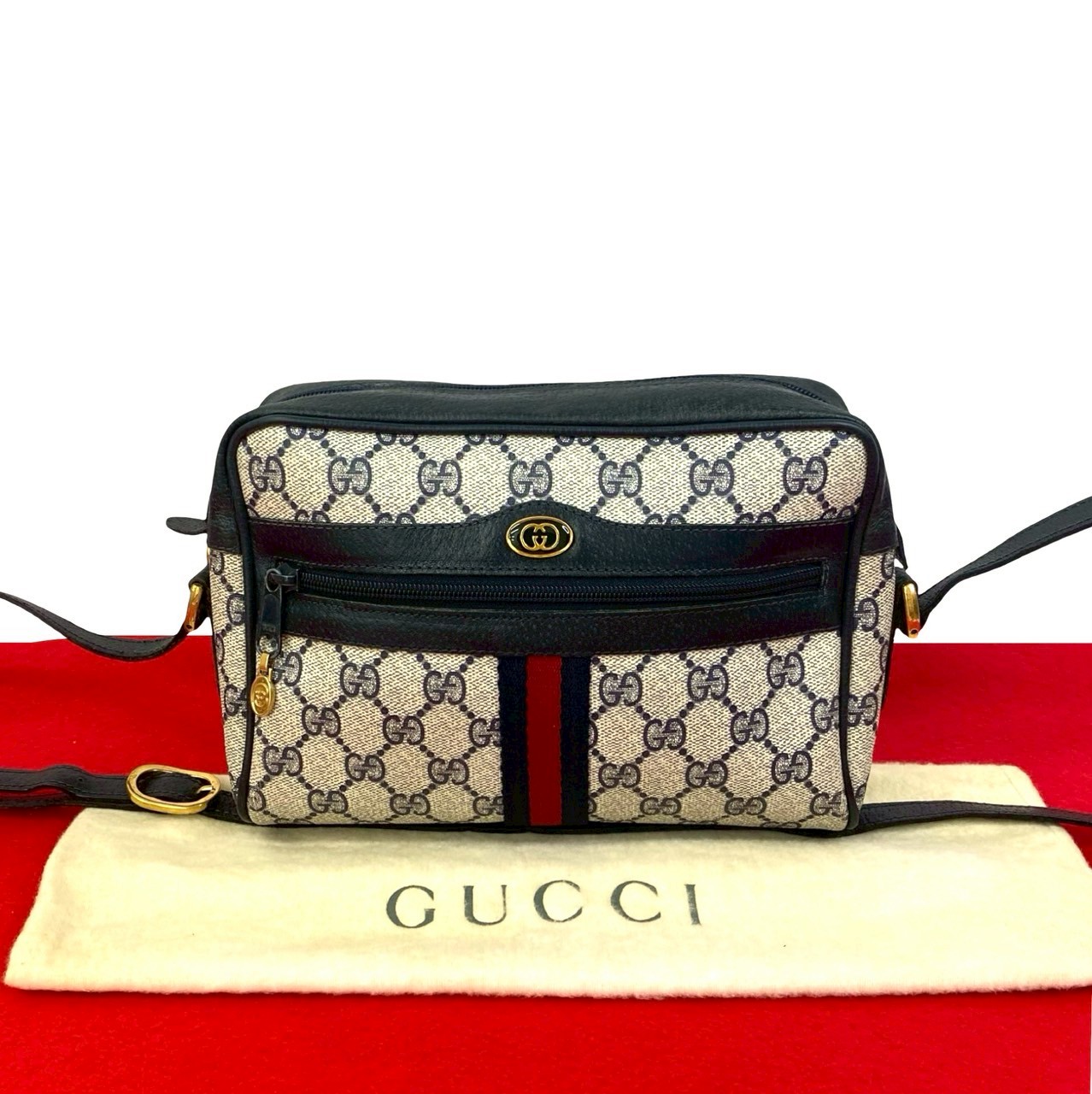 ヴィンテージ シェリーライン GG ロゴ 金具ショルダーバッグ レザー PVC ネイビー 31735