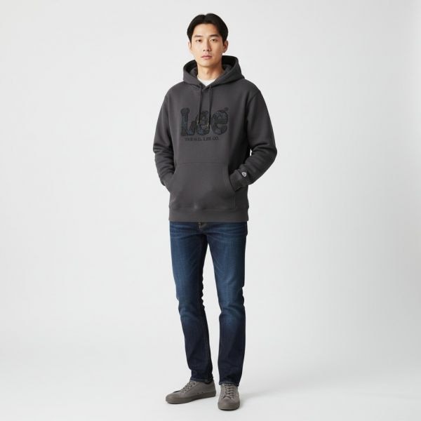 ビッグトゥイッチデニムアップリケフーディーTシャツチャコール