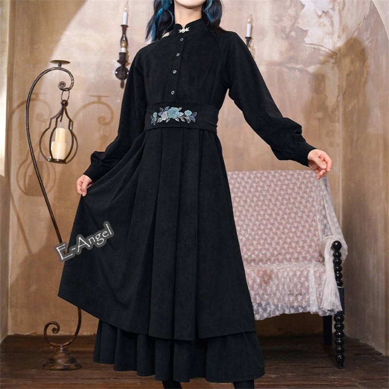チャイナ風 ワンピース ロングシャツワンピース 厚手 秋 冬 ブラック 長袖 スタンドカラー 着瘦せ 個性的 刺繍腰巻 レイヤード