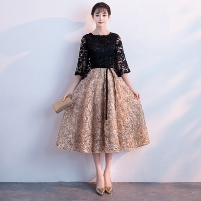 ワンピース ドレス ミモレ丈 総レース 切り替えデザイン 膝下 7分袖 七分袖 ラウンドネック スリム フォーマル デザイン ボタン 美ライン ニュアンス レース ファスナー スタイルアップ