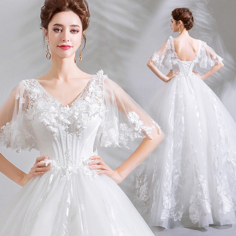 ウエディングドレス 安い ブライダル 結婚式 袖あり エンパイア 二次会 ロングドレス ウェディングドレス 花嫁ドレス 披露宴 大きいサイズ 白