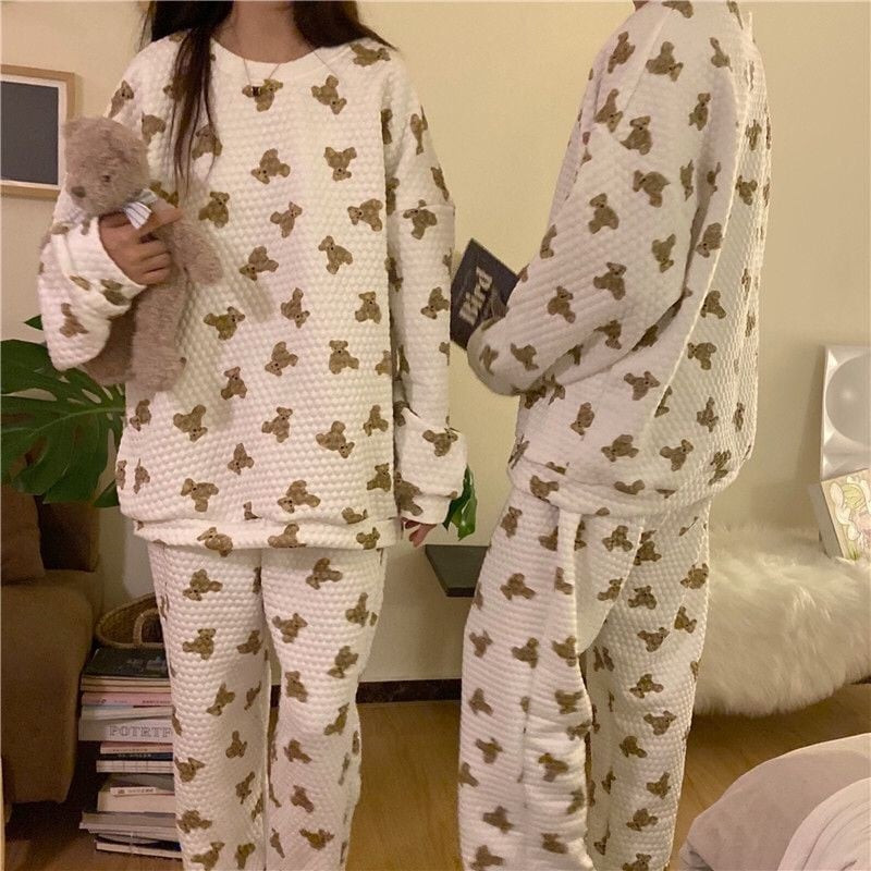 ベア柄　ラウンドネック　キルティング　ホワイト　綿　ルームウェア　2点セット　レディースパ ジャマ