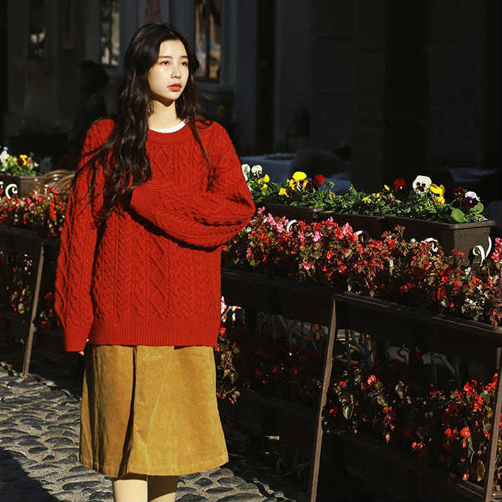 レディース 韓国ファッション ケーブルニット セーター ざっくり ゆるシルエット 長袖 トップス カジュアル 大人 可愛い 大人女子 フェミニン クルーネック スタイリッシュ デイリー 普段着 パープ