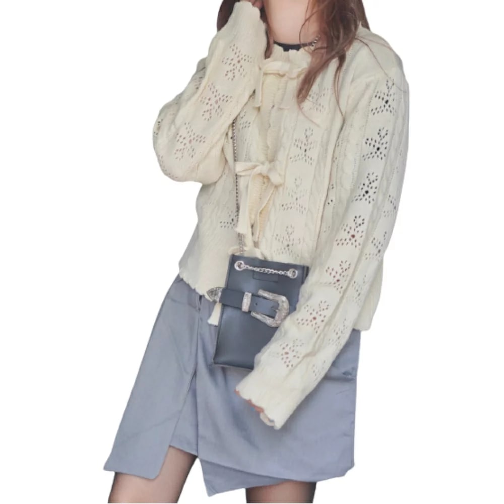 Cable＆Crochet Knit Ribbon Cardigan (cream) A.D.G レディース ファッション トップス