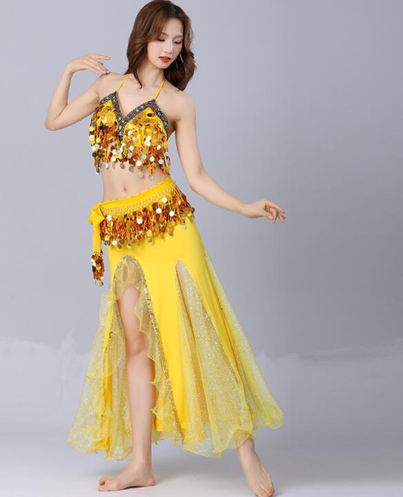 10色/社交ダンス ベリーダンス衣装 フリンジ スパンコール クラーデション レディース 上下セット 3点セット 舞台風 演出 ベルト　スカート　上着