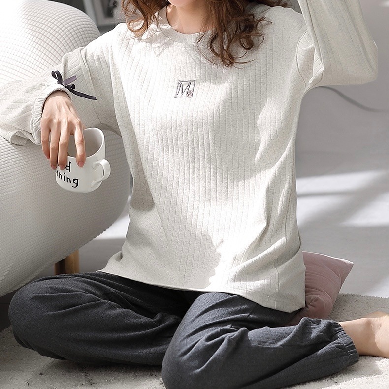 ルームウェア パジャマ プルオーバー ズボン 袖あり 長袖 ラウンドネック ルーズ ウエストゴム 伸縮性 綿 コットン 大人可愛い きれいめ シンプル カジュアル 大人 上品 お洒落 かっこいい