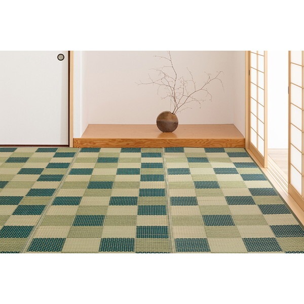 81897945 裏付き 市松柄 い草カーペット うしお 江戸間4.5畳 261×261 グリーン メーカー直送