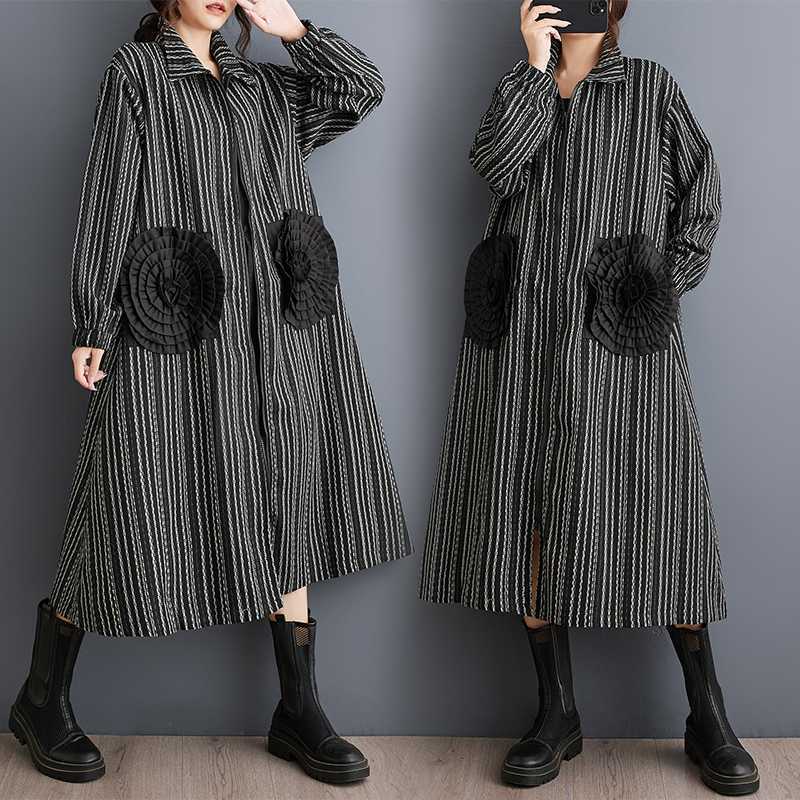 【送料無料】24 ジップ ロングワンピース モード系　花飾り ポケット付き 大きいサイズ 個性　体型カバー レディース ファスナー ワンピース