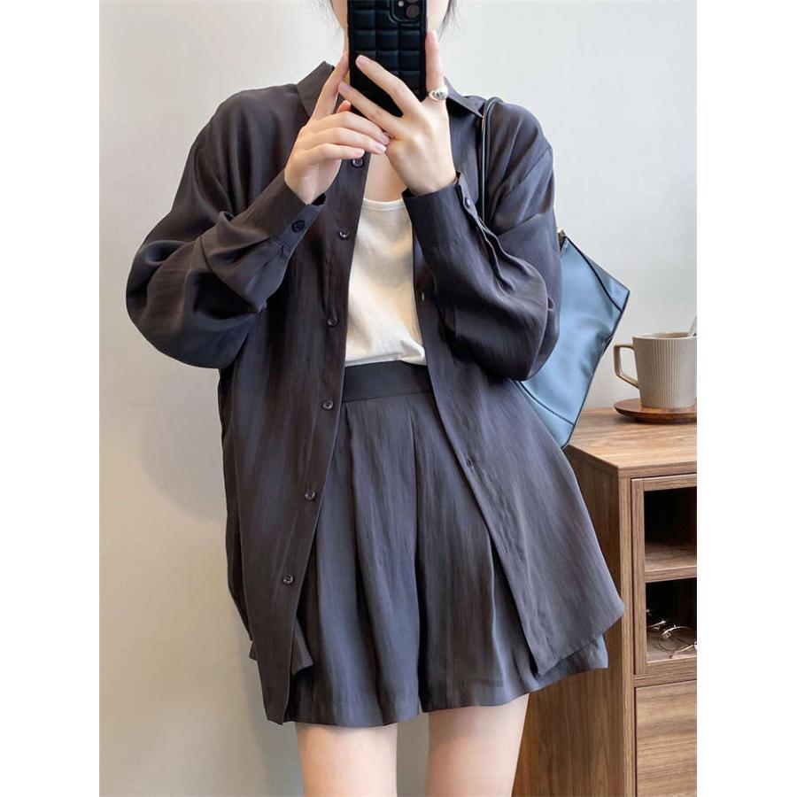 セットアップ レディース きれいめ 春夏 シアー ショートパンツ シャツ 長袖シャツ 2点セット ブラウス UVカット 膝上 ロングシャツ ショーツ ウエストゴム