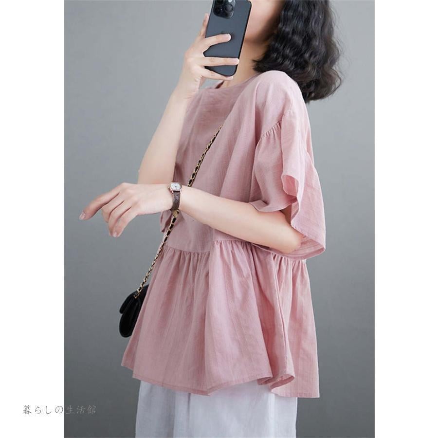 シャツブラウス トップス レディース ギャザー ブラウス 夏春 ラウンドネック 半袖 綿麻風 プルオーバー フレア裾 可愛い カジュアル フレア袖 フリル