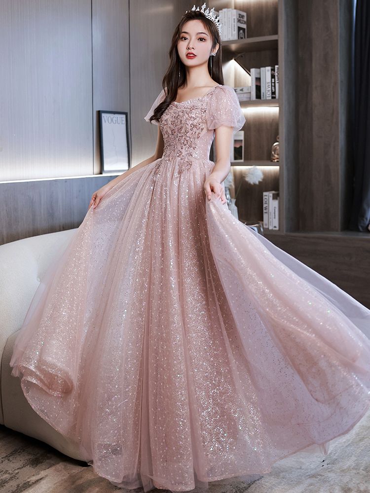 ピンクのイブニングドレス女宴会気質高級感司会者ロング生日会 結婚式 演奏会 成人式 卒業式 同窓会 ドレス 発表会