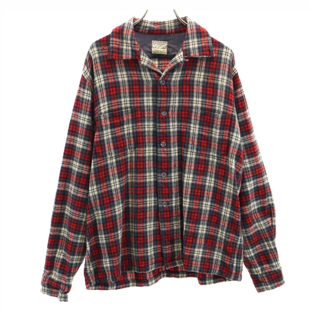 60s USA製 ウール ヴィンテージ 開襟 チェック柄 長袖 オープンカラーシャツ M レッド 他 メンズ
