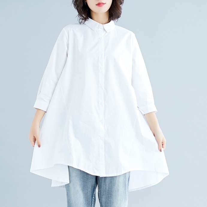 トップス シャツ ７分袖 襟付き 前開き ボタン ミディアム丈 フィッシュテール かわいい 大人可愛い きれいめ シンプル 上品 おしゃれ かっこいい カジュアル こなれ感 個性的 主役級 存在感