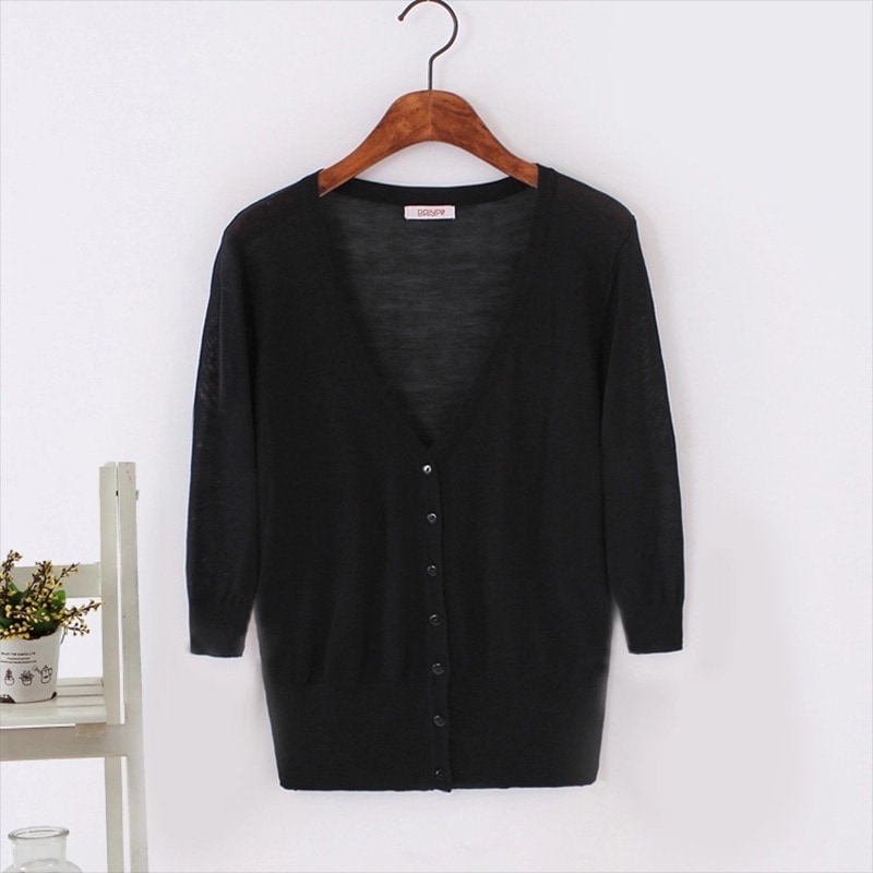 レディース トップス カーディガン サマーニット 羽織 7分袖 Vネック 襟なし タイト スリム 細身 スマート フェミニン 前開き 透け感 コットン きれいめ シンプル 上品 クール モード系