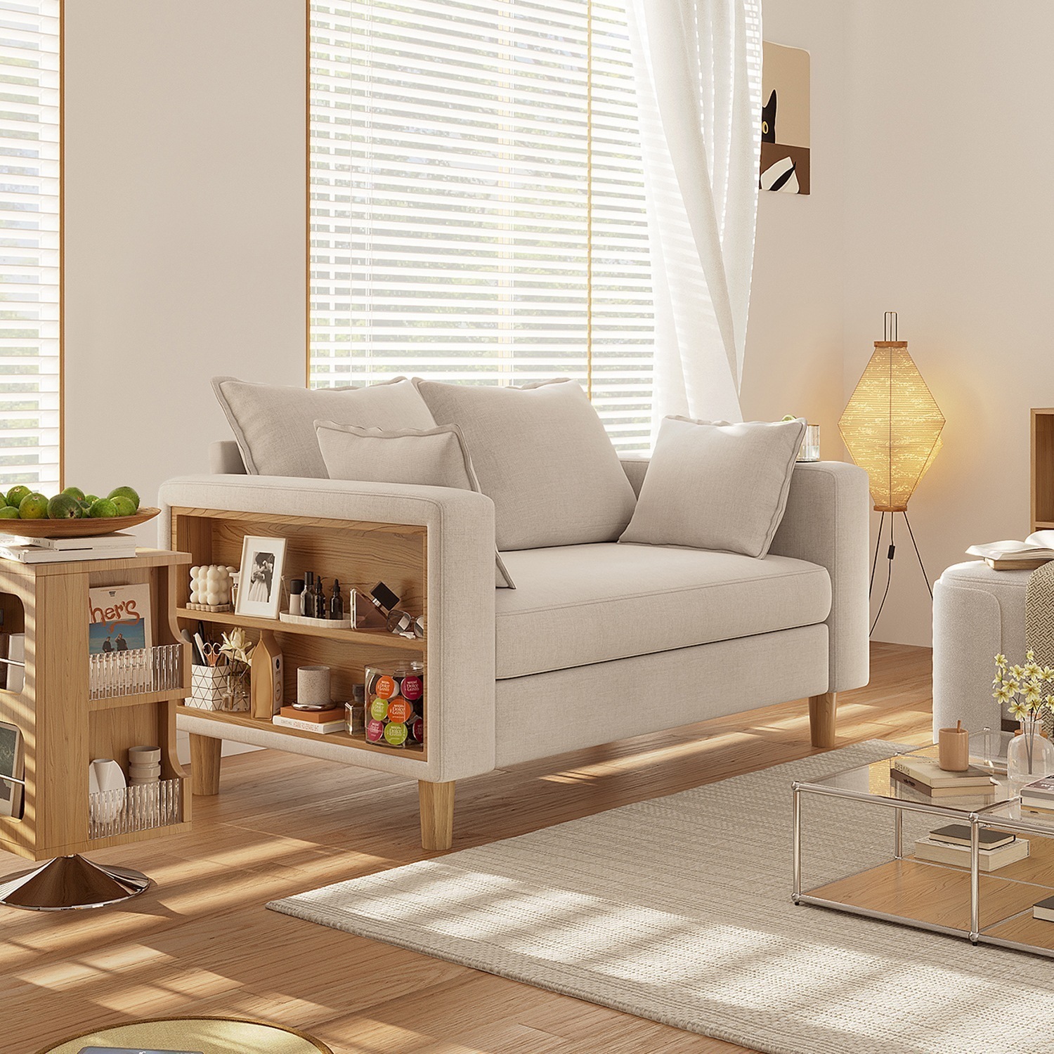 【国内入荷済】二人掛け 収納ソファー 多機能アームレスト（カップホルダー付） 幅123cm ファブリック 高反発 ソファ 極上座り心地 洗えるカバー 天然木脚 簡単組立 省スペース-156