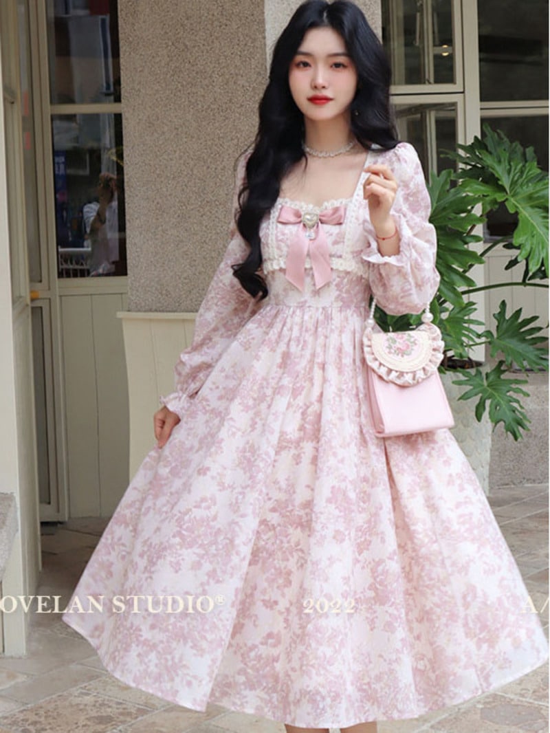 女性のミドル丈長袖ハイウエストフェアリードレス,愛らしいおとぎ話のファッション
