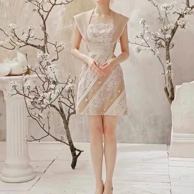 韓国ファッションワンピース レディース フレンチドレス レースのワンピース 透かし刺繡 卒業式 結婚式 二次会 花嫁 披露宴 演奏会 発表会 卒業会 入園式