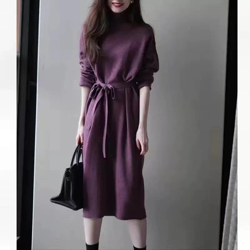 ワンピース 膝丈 ひざ丈 袖あり 長袖 ドロップショルダー ハイネック Aライン ウエストリボン ハイウエスト 伸縮性 シンプル カジュアル おしゃれ お洒落 こなれ感 無地 秋 冬 20代 30代