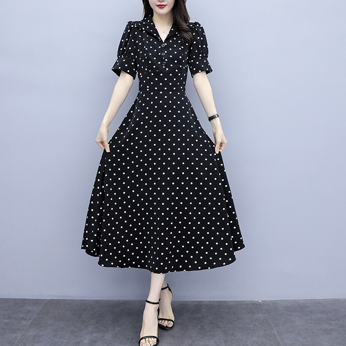 ワンピース ロング丈 袖あり 半袖 Vネック フレア Aライン シフォン かわいい 大人可愛い きれいめ 上品 おしゃれ 大人女子 ラブリー キュート セクシー エレガント 存在感 ドット柄 春 夏