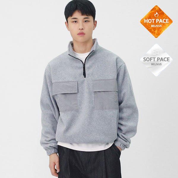 メンズデイリー冬ビッグ2ポケット起毛フリース配色ハーフジップジャケットBWY013