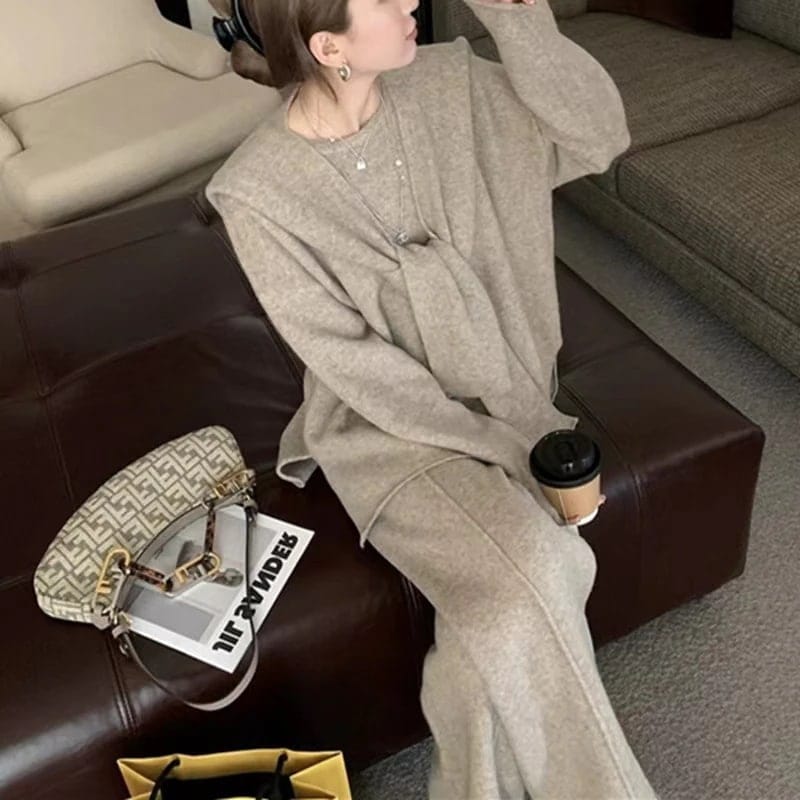 セットアップ 気品2026新作ニットセーターワイドパンツ3点セット秋冬エレガントスーツ