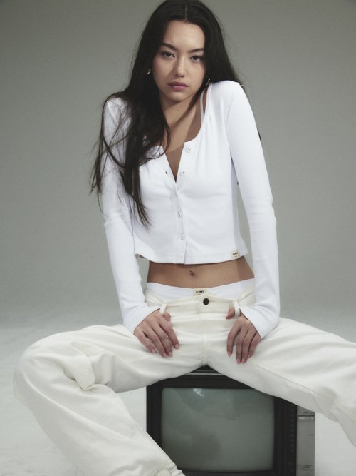 【GLOWNY】 G CLASSIC RIB V-NECK CARDIGAN : WHITE