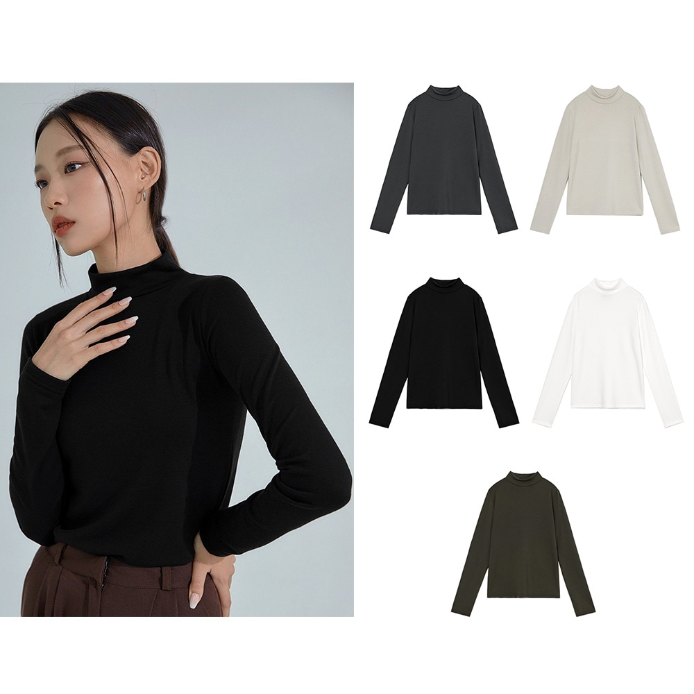 モックネックスパン長袖Tシャツ(5色)韓国ストリートファッション 大学生ファッション 韓国人気ファッション ロングスリーブ カジュアル