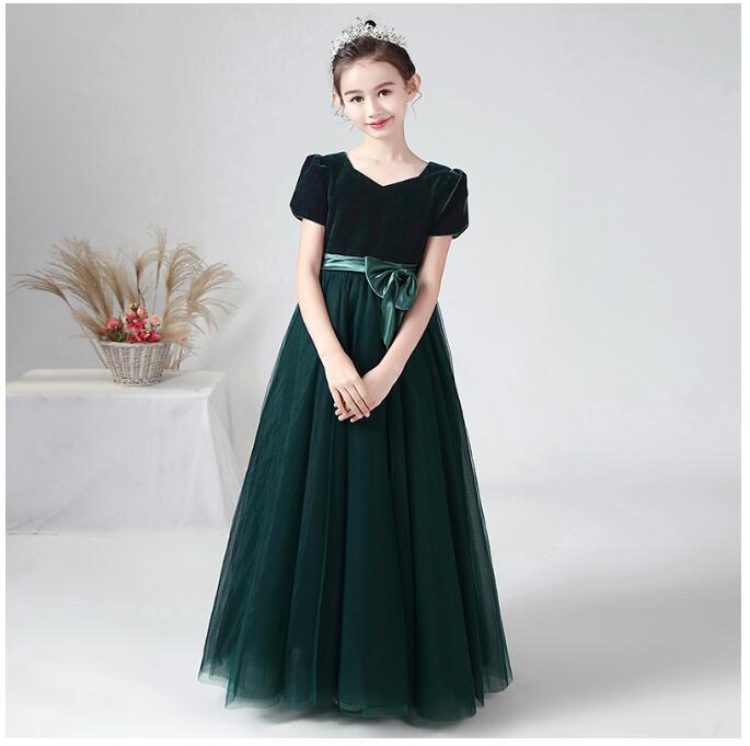 全3色 ピアノ発表会ドレス ロングドレス 可愛い 子供ドレス キレイめ グリーン ワイン赤 ネイビー 女児ドレス 女の子ドレス 演奏会ドレス キッズドレス チュール フォーマル 半袖 ロング丈 入学式