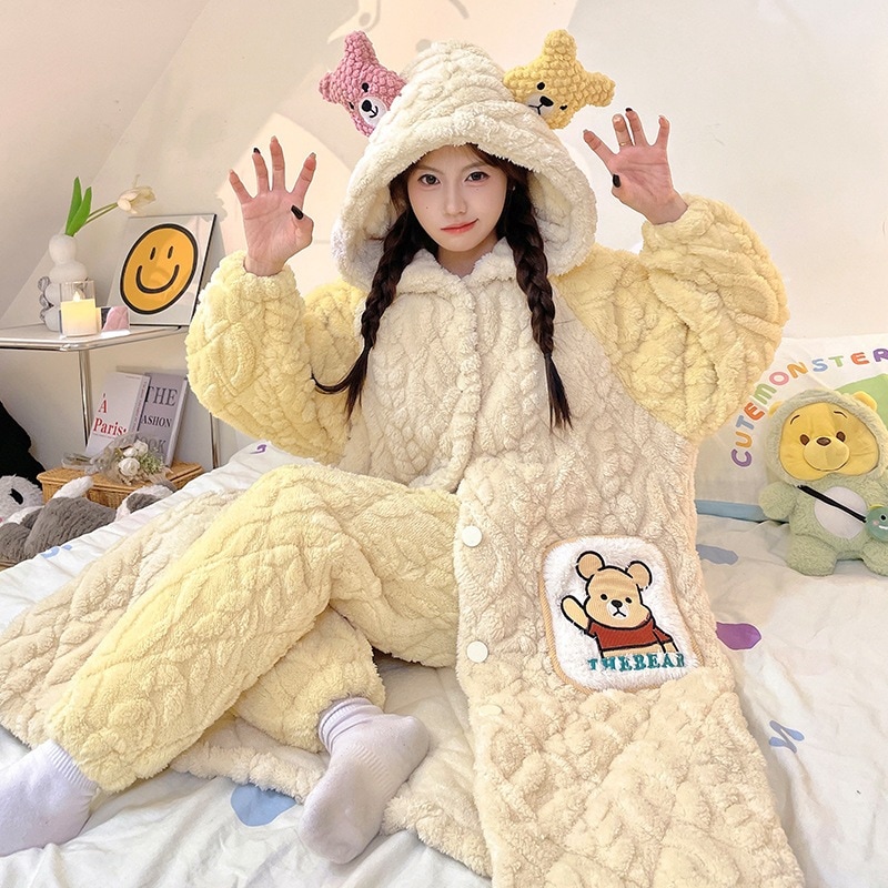 珊瑚絨毯スリーパー女性冬長三層綿挟み厚手フランネルプーさんベアーパジャマ部屋着セット