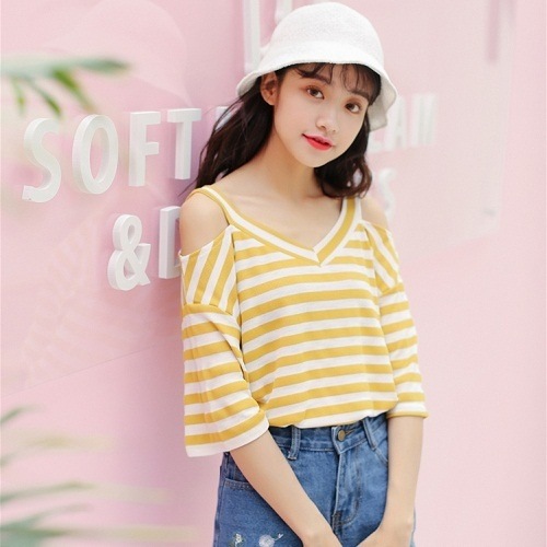 2023.肩開きボーダー六部丈トップス(イエロー)