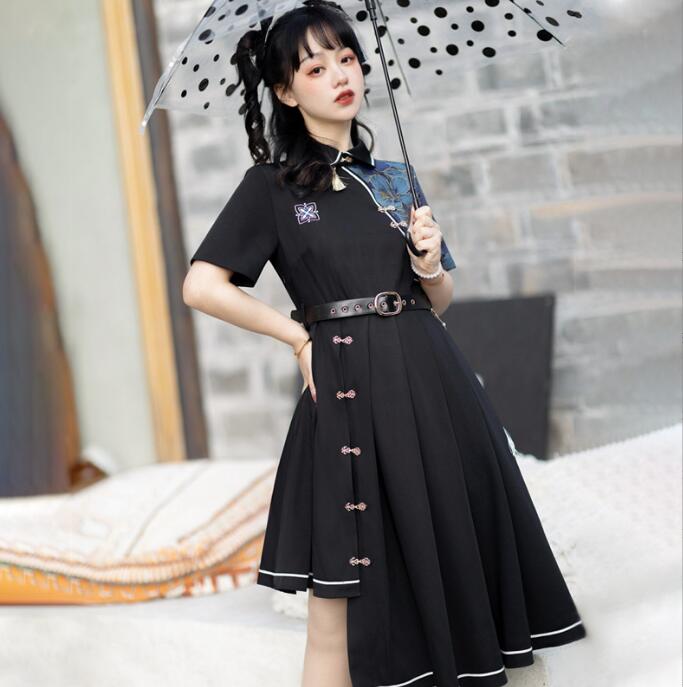 漢風ドレス 女子高校生 コスプレ衣装 中華風 チャイナドレス 暗黒風 コスチューム プリーツドレス イレギュラー裾 半袖 長袖 個性ドレス 変身 仮装 学園祭 文化祭 イベント 演出服 余興