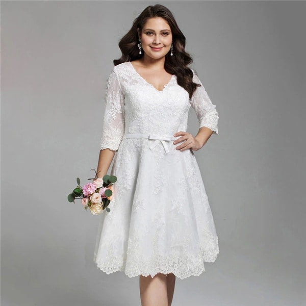 花嫁 結婚式 ウェディングドレス パーティードレス ミモレドレス Vネック 大きいサイズ フォーマルドレス 披露宴 女子会 発表会 演奏会 ホワイト お呼ばれ XL2XL3XL4XL5XL6