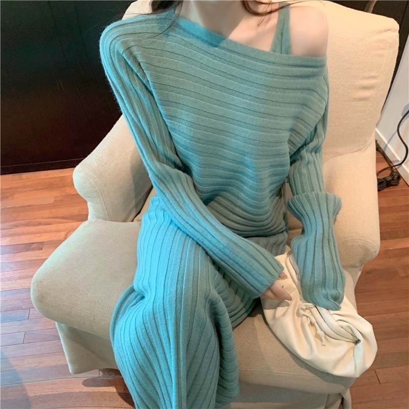 セットアップ レディース 2色 ニット ニットワンピース S M L XL 韓国 ミモレ丈 長袖 オフショル タイト 細身 ストレート かわいい 大人可愛い きれいめ シンプル カジュアル エレガント