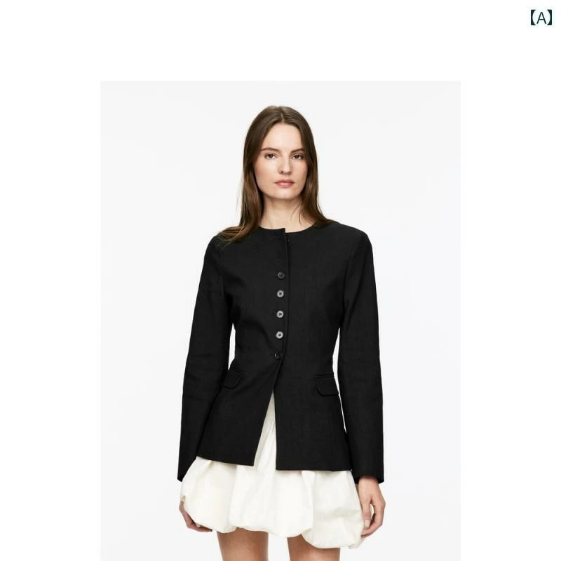 ビジネス　スーツ　ジャケット ARKET レディース コットン＆ リネン 混紡 スリム ラウンドネック スーツ ジャケット ブラック 2025夏 1268336001