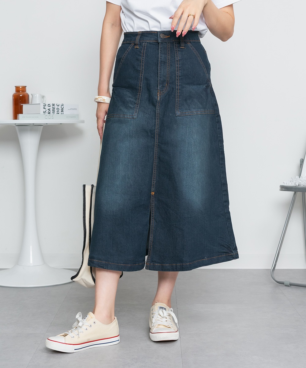 ストレッチデニムベイカースカート カジュアル細見えスカート 細見え Aライン デニムスカート 定番デニム ウエストゴム 美脚アイテム 大きいサイズ ゆったりサイズ M L LL 3L 4L 春 夏 4,510円