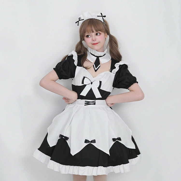 メイド レディース 正統派メイド 半袖 フリル ボウタイ ネクタイ ぽわん袖 メイド喫茶 メイドカフェ ワンピ コスプレ ワンピース メイド服 レース ミニ丈 学園祭 文化祭 イベント コスプレ コス