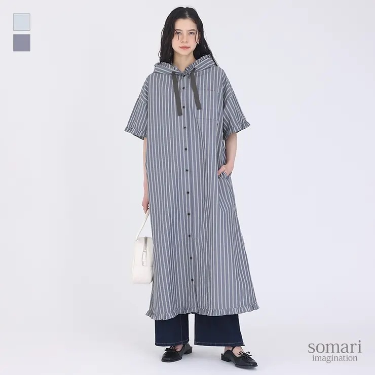 somari imaginationストライプ柄フリルフード付きシャツワンピース