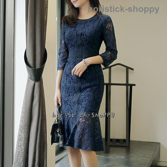 ワンピース レディース 総レース マーメイド パーティードレス ネイビー 紺 七分袖 袖あり ミディ丈 上品 エレガント 二次会 結婚式 お呼ばれ ドレス