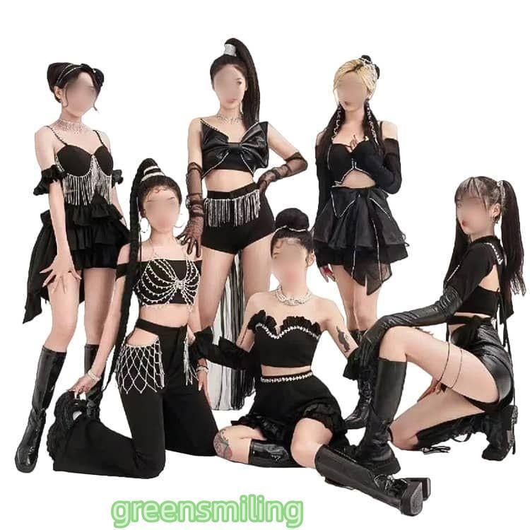 新しい子供用ダンスウェア ジャズ ダンス衣装 大人 レディース セットアップ 韓国ダンス衣装 ヒップホップ ダンス ステージ衣装 ヘソ出し スカート パンツ K-POP 演出服 黒 衣装 2枚購入で1