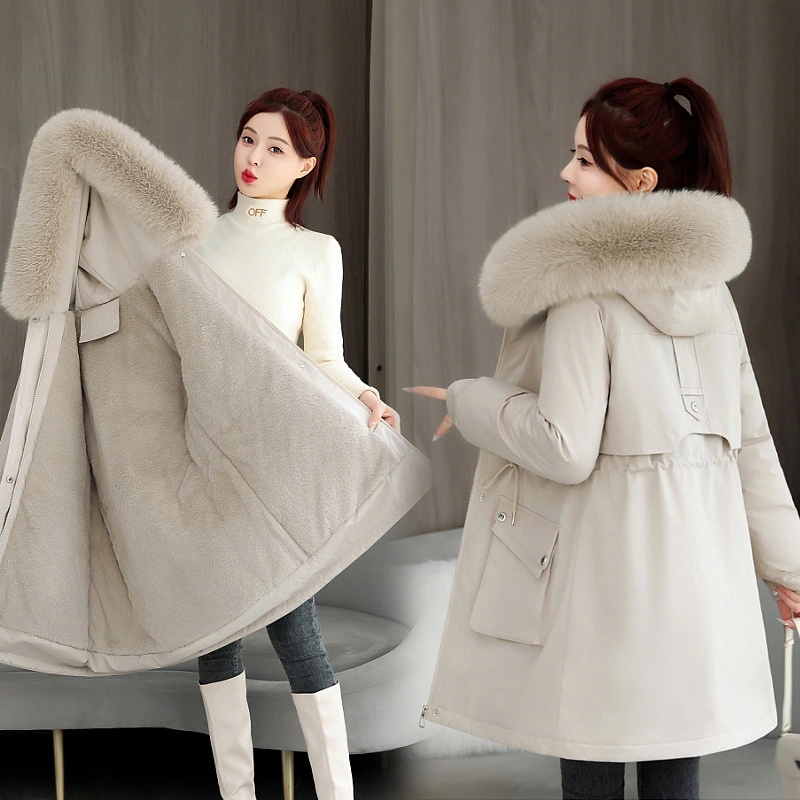 2025年冬レディースミドル丈パーカー新スタイル大きなファーカラーフード付き暖かくて厚手