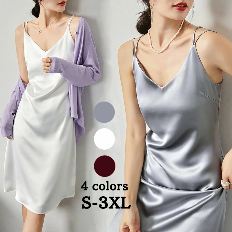 キャミソール オールシーズン ホワイトデー サテン ロング丈 無地 レディース キャミワンピ WILLS インナー 春 ワンピース レディース 秋 Vネック 夏 夏 セクシー 光沢感 ゆったり ワンピ