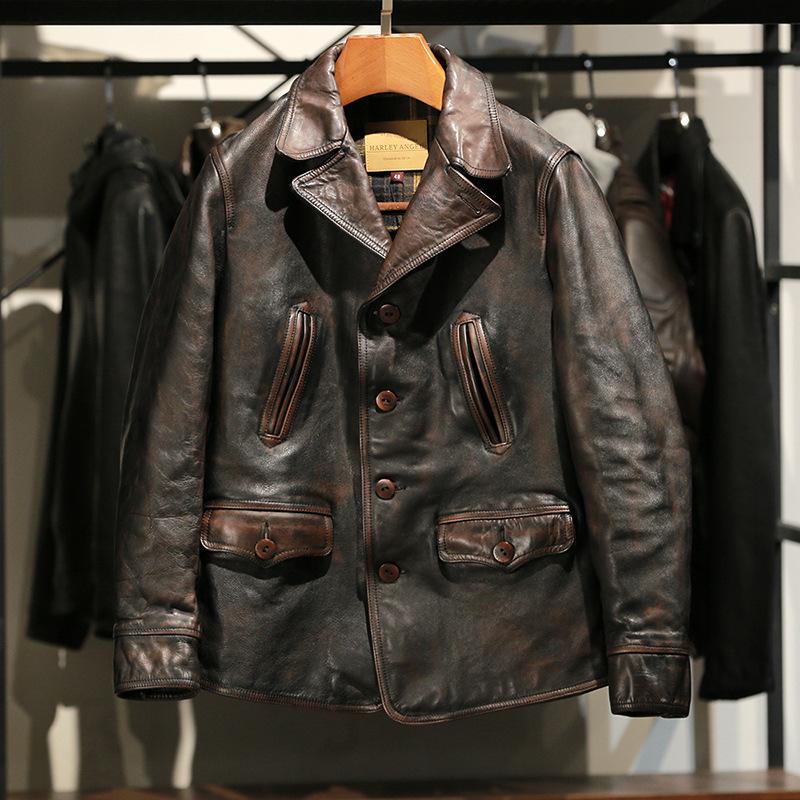 1.5mm ホースハイド 30 s ワークコート レザージャケット ブラウン カーコート トスカーナ植物鞣し革 馬革