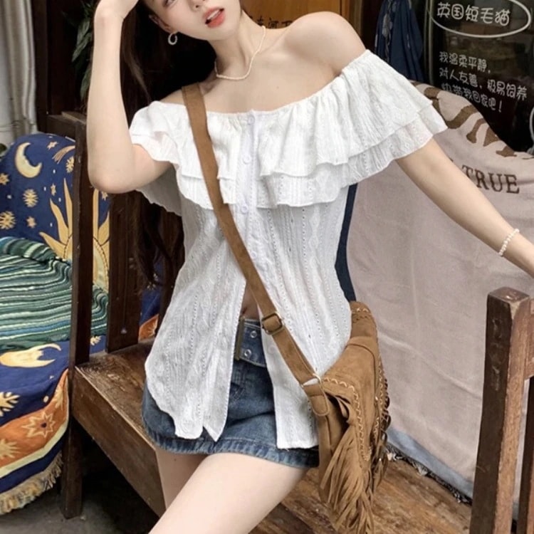 【1つ買うと10つ無料】2025年の女性のための大きなサイズのワンショルダー夏の脂肪 ウエストと見た目のスリムで甘くてスパイシーなオフショルダーシャツ