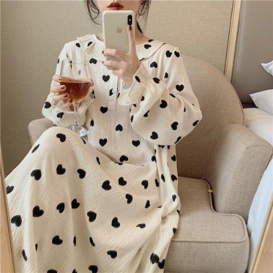 ルームウェア レディース ワンピース 可愛い 長袖 パジャマ ナイトウェア 寝巻き 部屋着 おうち服 柄 ハート柄 コットン リネン 襟付き フリル ボタン ガーリー おしゃれ 大人女子 キュート ラ